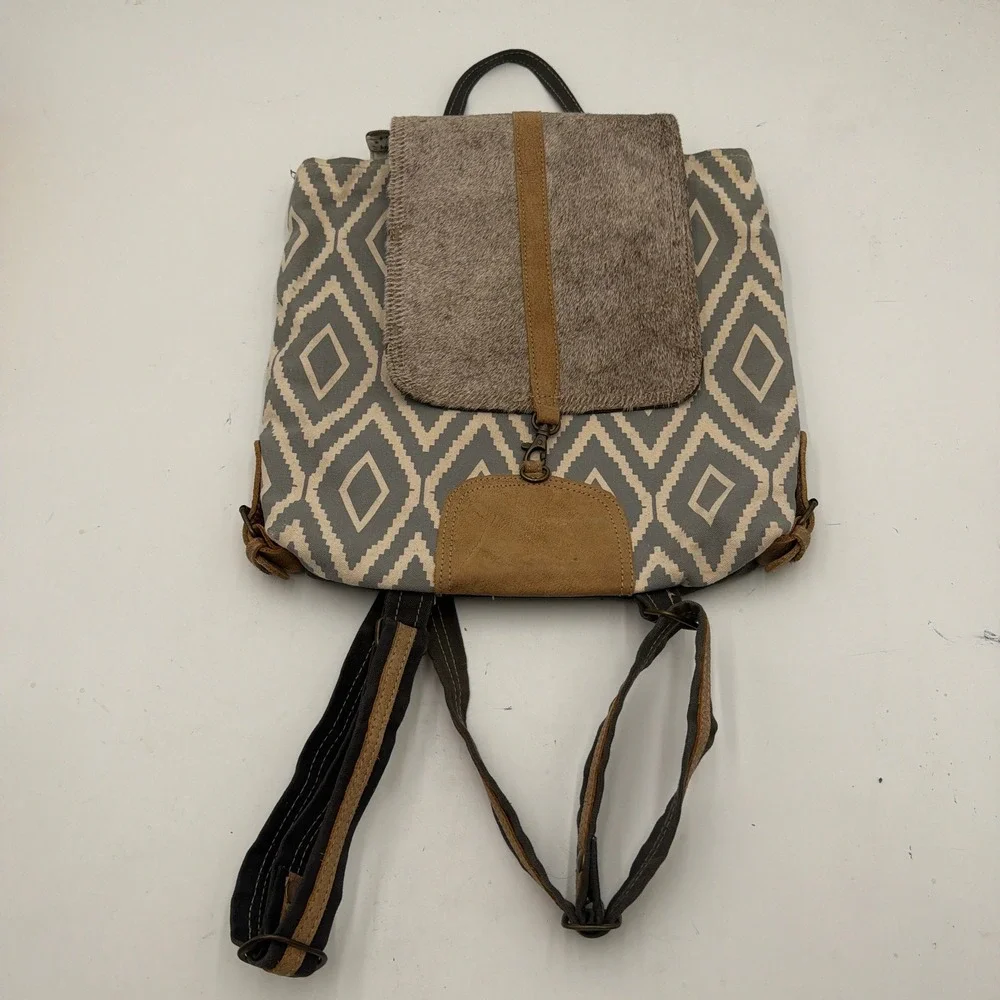 Myra Bag Backpack Artist's Impression Upcycled Canvas Leather Cowhide Gray OS